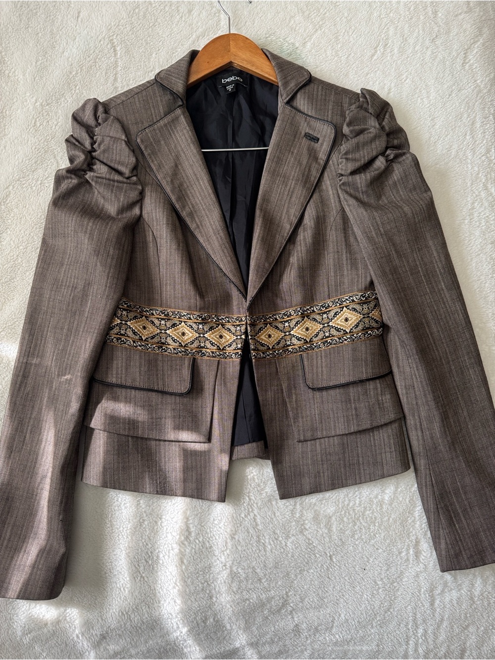 bebe Brown Pinstripe Blazer with Embroidered Waist Detail